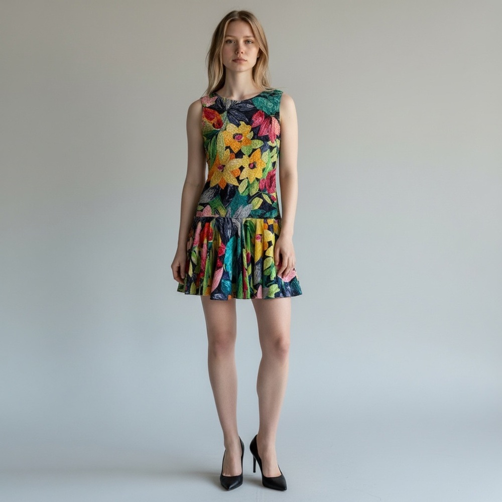 Vintage Cathy Hardwick Colorful Tripical 80s Novelty Print Sleeveless size 6